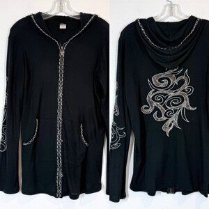 Y2K Black Zip Up Hoodie Jacket Tribal Embroidery Boho Goth Festival Large
